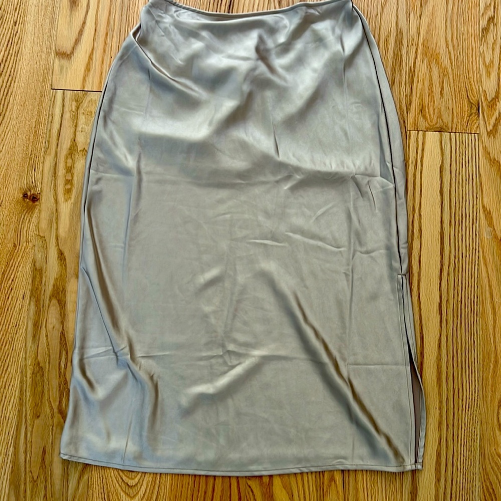 Womens Metallic Skirt Midi Length Side Slit Pull On Silver Size Large